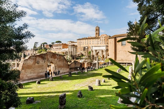 Rome, Italy - December 27, 2023: view of Roman Forum or Forum of Rome, also called Forum Magnum or Forum Vetus in the historic city center on a winter day