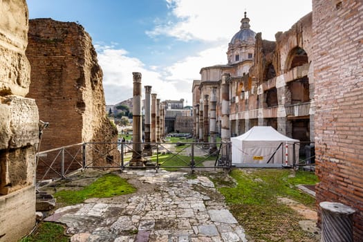 Rome, Italy - December 27, 2023: view of Roman Forum or Forum of Rome, also called Forum Magnum or Forum Vetus in the historic city center on a winter day
