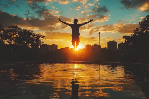 Silhouette of a young man jumping over the surface of a pool or puddle. Concept of freedom, ease, life.