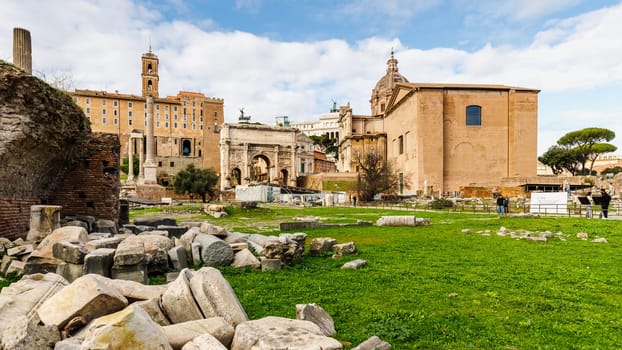 Rome, Italy - December 27, 2023: view of Roman Forum or Forum of Rome, also called Forum Magnum or Forum Vetus in the historic city center on a winter day