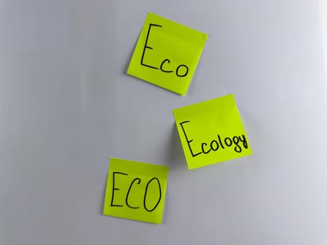 Ecological concept with stickers for notes. Words about Ecology on white background. Attracting attention to caring for environment and nature. Important topic of pollution on planet Earth