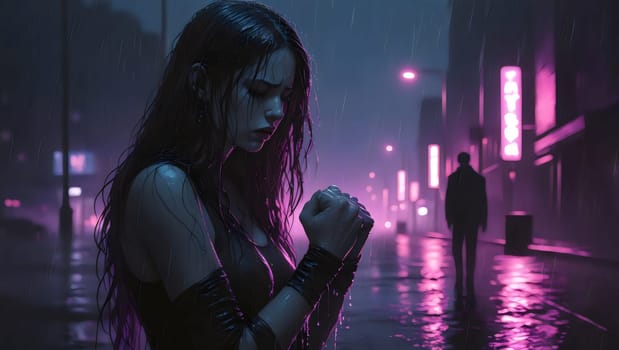 A solitary woman stands in the rain on a city street, her hair wet and dark, surrounded by neon lights, while a shadowy figure lurks in the background, creating an atmospheric tension.