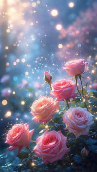 Lush garden displays vibrant roses in shades of pink, surrounded by soft bokeh effects and a mystical glow as evening sets in, creating a magical atmosphere.