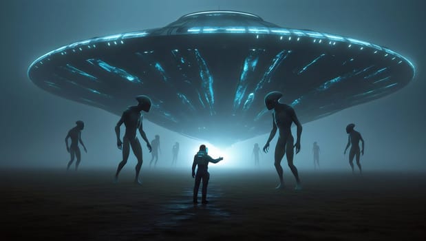 A child stands before several extraterrestrial beings beneath a massive illuminated spacecraft. The atmosphere is eerie, with a surreal fog enveloping the surroundings.