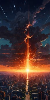 A stunning sunset illuminates the city as vibrant shades of orange and blue blend in the sky. Dark clouds create a dramatic backdrop while a bright beam of light pierces through the horizon.