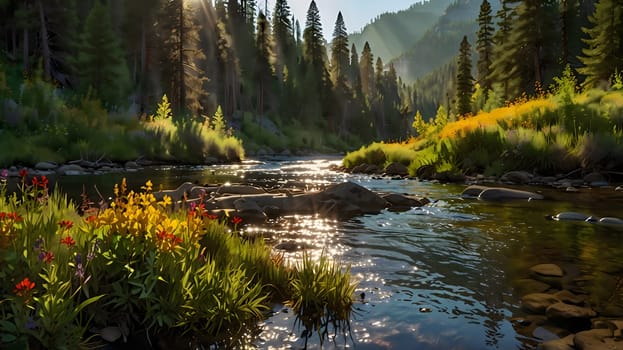 Sunlight filters through tall trees, illuminating a serene stream that flows gently over smooth stones. Wildflowers bloom along the banks, creating a peaceful natural oasis.