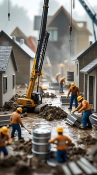 Small figurines in work attire actively construct model houses at a miniature construction site, complete with machinery, materials, and details of building progress.
