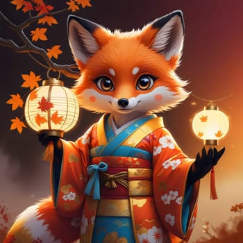 A fox character dressed in a colorful kimono stands proudly, holding two lanterns at an autumn festival. The background showcases vibrant fall leaves against a sunset sky.
