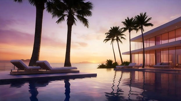 Serene atmosphere created by the warm hues of sunset reflecting off a tranquil pool at a contemporary beach house surrounded by palm trees and ocean views.