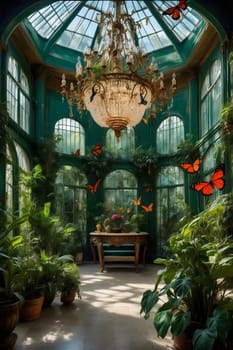 A beautiful glasshouse filled with lush green plants and a stunning chandelier. Vibrant butterflies flutter among potted plants, creating a serene atmosphere.
