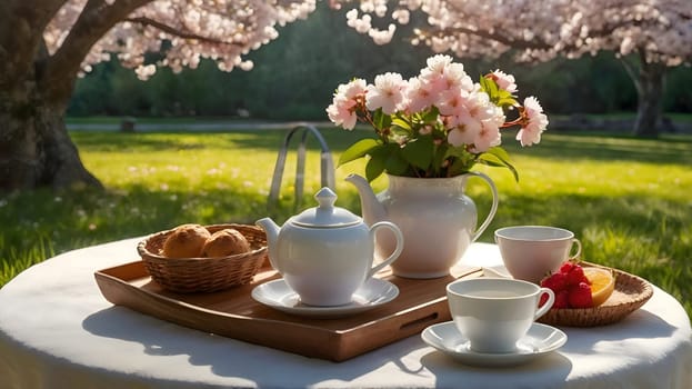 A tranquil garden setting features a table adorned with a tea set, pastries, and fresh strawberries, surrounded by blooming cherry blossom trees on a sunny afternoon.