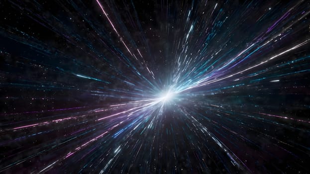 Brilliant rays of light burst outward in a cosmic display, showcasing an array of colors against a backdrop of stars. This dynamic scene captures the beauty of the universe.