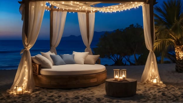 A cozy gazebo on the beach features soft cushions and glowing lanterns, creating an inviting atmosphere as the sun sets across the horizon. The scene captures tranquility and romance.