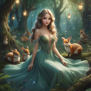 A young woman in a flowing green gown sits gracefully among several foxes in a mystical forest. Soft light filters through the trees, creating a magical atmosphere.