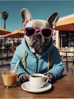 Adorable French bulldog sitting at a table, wearing a blue hoodie and pink sunglasses, sipping coffee at a sunny outdoor cafe with umbrellas.