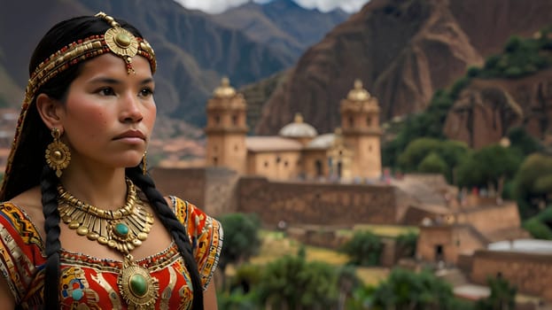 A woman dressed in vibrant traditional clothing stands poised with an expression of pride, set against the stunning backdrop of the Andes mountains near a historic site in Peru.