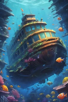A large sunken vessel rests on the ocean floor, covered in coral and seaweed, while various fish swim around in clear blue water, creating a lively underwater ecosystem.