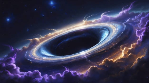 A mesmerizing celestial formation features a dark vortex centered among colorful swirling nebulae. Stars twinkle in the background, creating a stunning cosmic landscape.