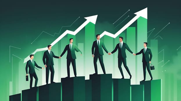 A group of business professionals in formal attire demonstrates teamwork and collaboration in a modern financial environment.