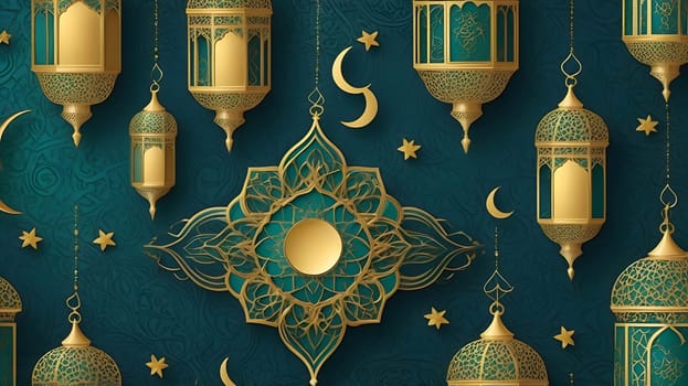 Intricately designed lanterns and crescent moons are showcased against a vivid blue backdrop, embodying the spirit of Ramadan festivities. The elegant gold details shimmer, enhancing the celebration.