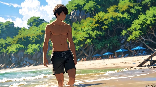 A young man walks along a sandy beach, his feet in the water. The sun shines brightly, trees and beach umbrellas fill the background, creating a tranquil atmosphere.