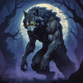 A menacing werewolf stands in a dark forest illuminated by a full moon. Its glowing eyes pierce the darkness as it prepares to pounce, surrounded by twisted trees.