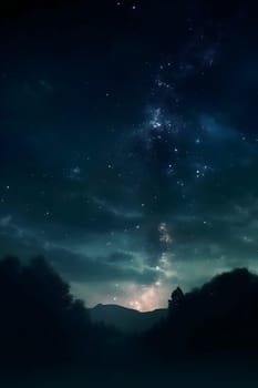 A breathtaking view of the night sky showcasing countless stars and the Milky Way above dark mountains, with a hazy glow illuminating the horizon during twilight.
