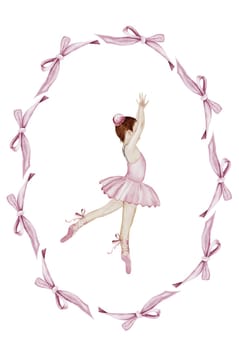Ballerina cute girl watercolor. Hand drawn cute baby in pink tutu and pointy shoes. Dancer in pink bow frame. Vintage drawing on white background. Perfect for poster and card for ballet school or baby shower