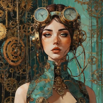 A steampunk woman stands confidently in a vintage workshop, showcasing her unique style with goggles and a detailed outfit.