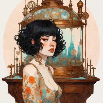Against intricate clockwork, a steampunk woman with stylish curls and floral attire exudes elegance and wonder, embodying creativity and innovation.