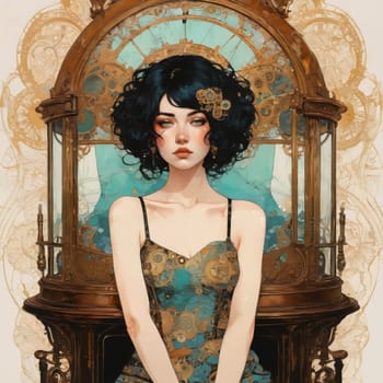 A woman with dark hair adorned with a flower rests against a beautifully crafted steampunk backdrop filled with gears and clocks.