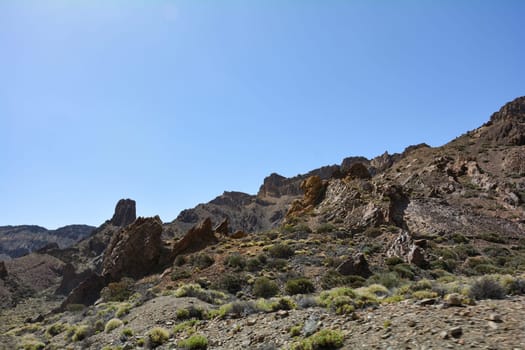Gigantic rocks in the volcanic landscape in El Teide National Park on the Canary Island of Tenerife, Spain