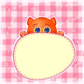 Pink Announcement It Is Baby Girl Card on Stripe Background. Vector Illustration