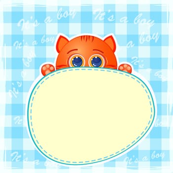 It is Baby Boy Announcement Card. Cute Red Cat with Big Eyes. Vector Illustration.
