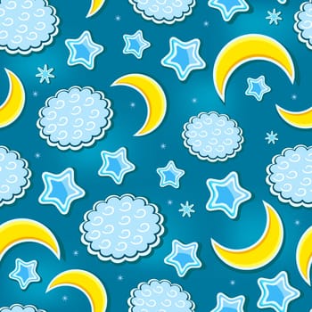 Blue Green Night Sky Seamless Pattern with Star, Fluffy Cloud and Yellow Crescents. Vector Background
