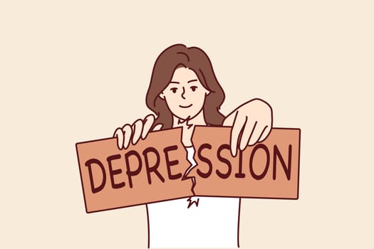 Woman breaks depression sign after overcoming psychological problems and mental disorder caused by stress. Girl who overcame depression with help of trips to psychotherapist or use of antidepressants