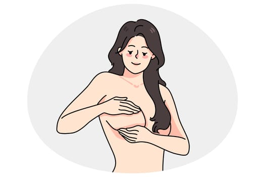 Young woman touching breast preventing cancer. Female doing self-examination for diagnosis or prevention of oncology. Healthcare and medicine concept. Vector illustration.