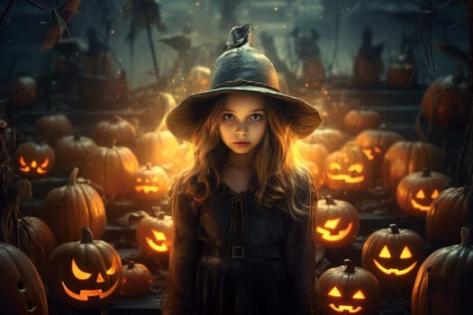 Girl with glowing pumkins in a mysterious , dark and scary night in autumn, Halloween holiday greeting card, generative AI