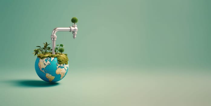 Water tap coming out of an oasis on planet earth, environment issue, scarcity of sustainable eco friendly resources, world water day, generative AI