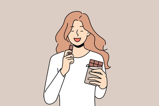Smiling girl eating chocolate. Happy woman enjoy sweet dessert, milk or black chocolate bar. Vector illustration.