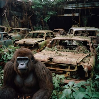 Gorilla with rusted cars on a parking spot in the jungle, disaster for wildlife animals, damage of the environment and ecosystem, industrial revolution, generative AI