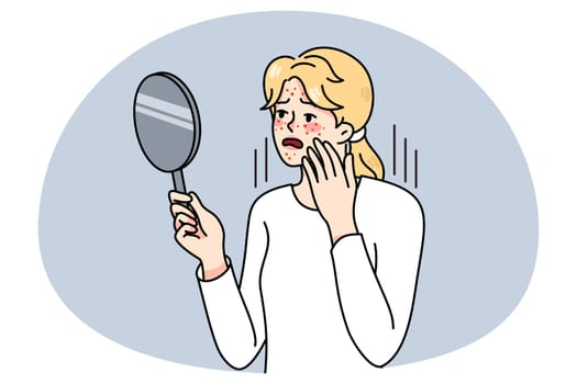Distressed woman look in mirror worry about acne problems. Unhappy girl stress about pimples, having skincare troubles. Skin healthcare and dermatology. Vector illustration.
