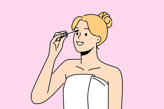 Smiling woman in towel on body doing makeup at home. Happy female painting lashes with mascara. Beauty and getting ready. Vector illustration.
