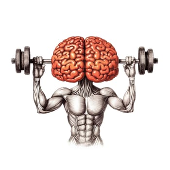 Human brain lifts weight with dumbbell, memory and mind training, brain power and mindset, generative AI