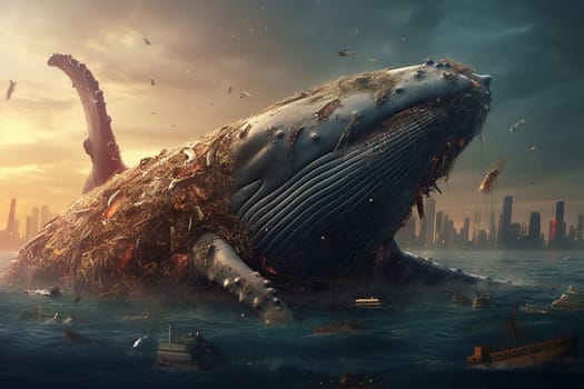 Pollution of the ocean, whale covered with waste, filthy water, damage of the environment, disaster for maritime wildlife, generative AI