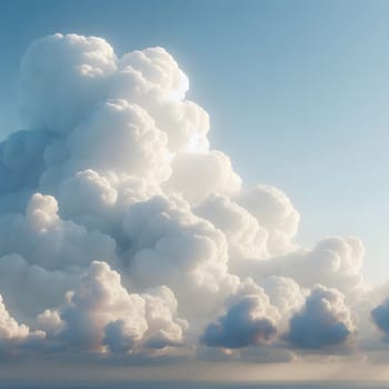Fluffy, towering clouds illuminated by soft sunlight against a clear blue sky, showcasing the beauty of nature's formations Generative AI