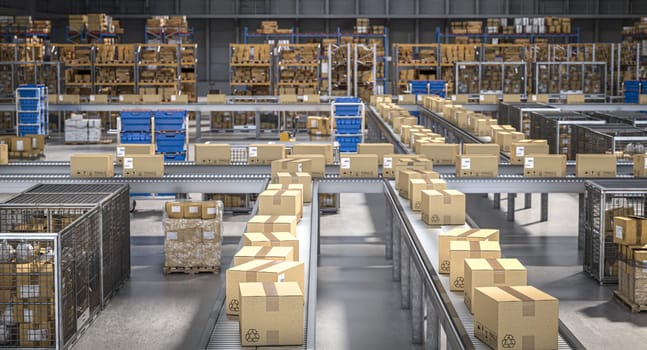 Cardboard boxes on conveyor belts  distribution warehouse 3d