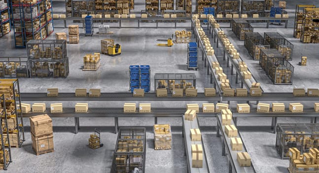 Cardboard boxes moving on conveyor belt system in distribution warehouse 3d
