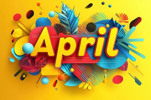 Bright, playful illustration features the word April surrounded by colorful geometric shapes and tropical leaves.