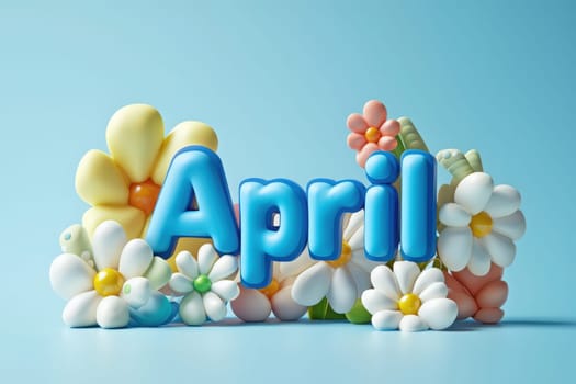 A vibrant arrangement features the word April in bold, blue letters surrounded by colorful flowers. The soft pastel colors evoke a cheerful springtime atmosphere, enhancing the seasonal theme.